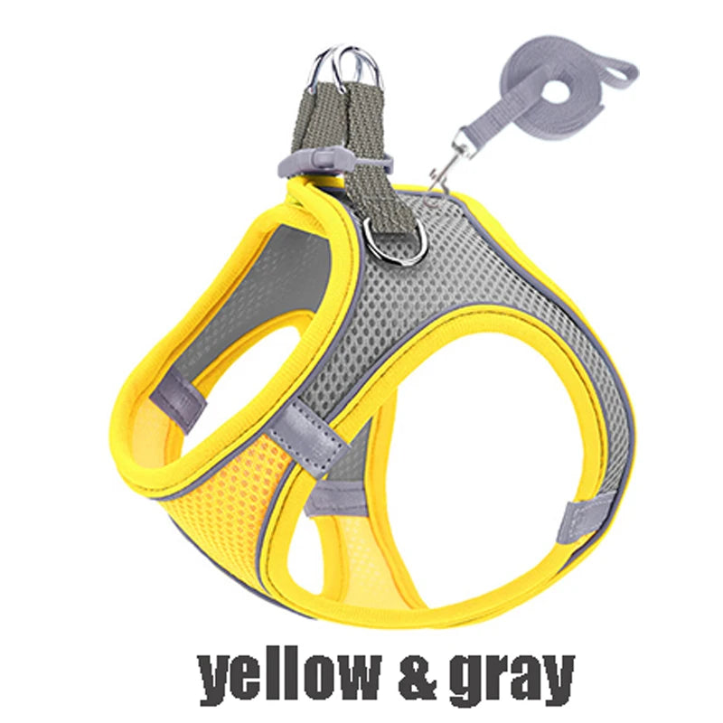 Reflective Dog Harness Vest with Leash | XXXS–L All Breeds Dog Harness Vest Babs yellow gray XXS