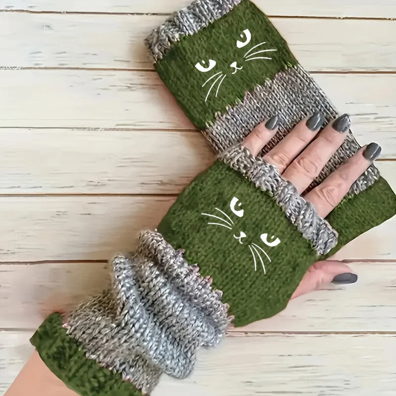 Cat Lover Knitted Fingerless Gloves – Cute Cat Pattern Fingerless Gloves Babs green One Size