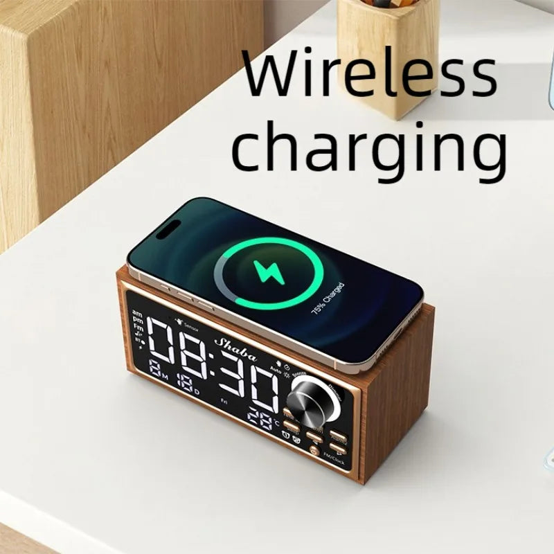 Wooden Digital Desk Clock with Wireless Charging & FM Radio Digital Desk Clock Babs