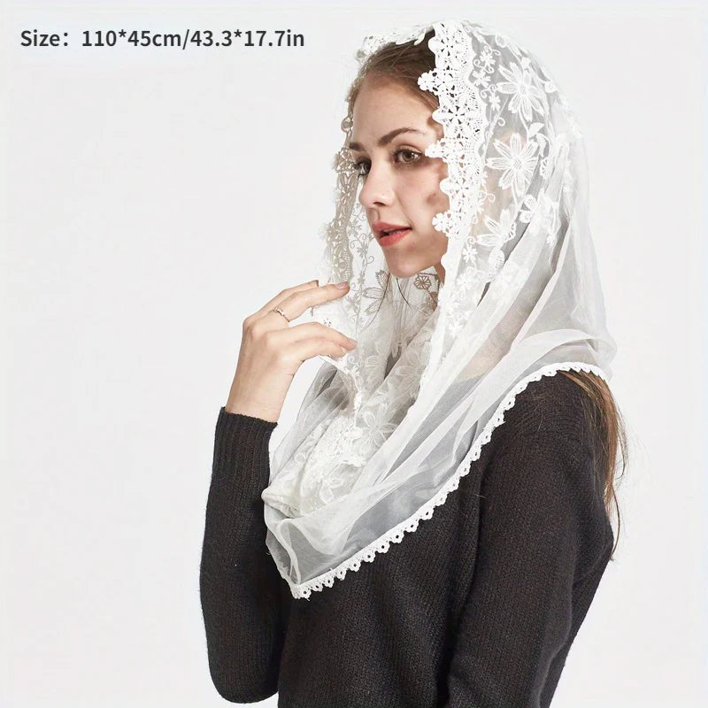 Ivory White Lace Infinity Scarf – Mantilla Chapel Veil for Women Lace Wrap Scarf Babs