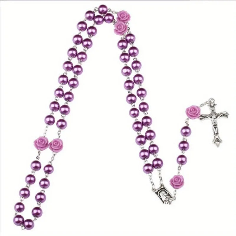 Polymer Clay Bead Rosary Cross Necklace | Catholic Gift Religious Pendant Necklace Babs purple