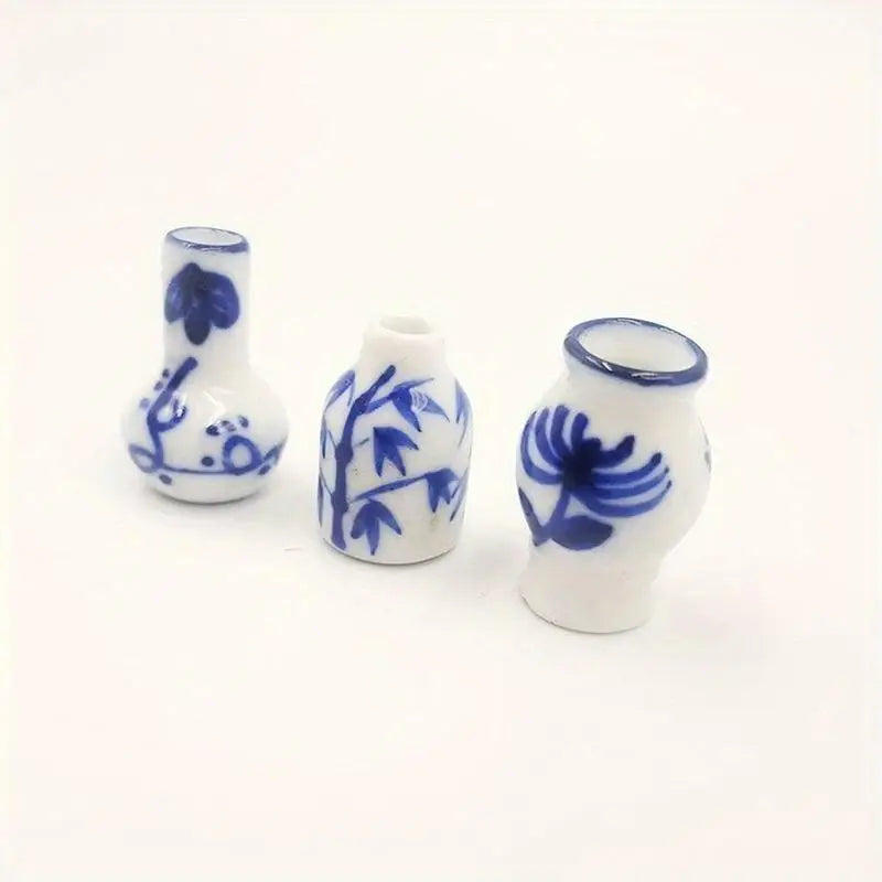 Mini Blue & White Porcelain Vase Set – Dollhouse Décor 3pc Dollhouse Ceramic Ornament Babs