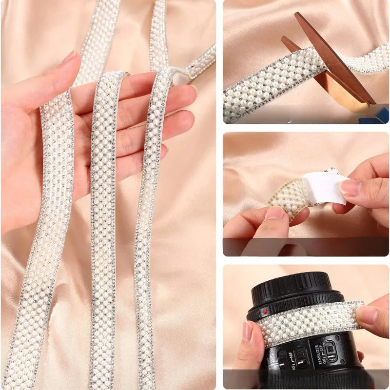 90cm Self-Adhesive Pearl Rhinestone Ribbon | DIY Craft Trim Craft Embellishment Trim Babs