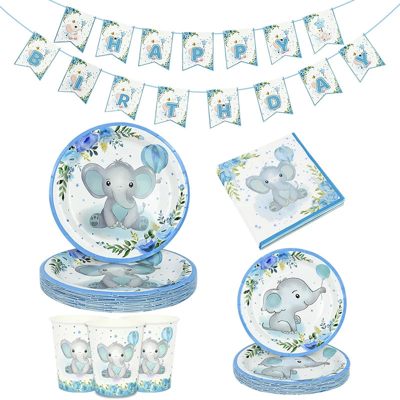 Blue Elephant Disposable Party Tableware – Baby Boy 1st Birthday Party Tableware Set Babs