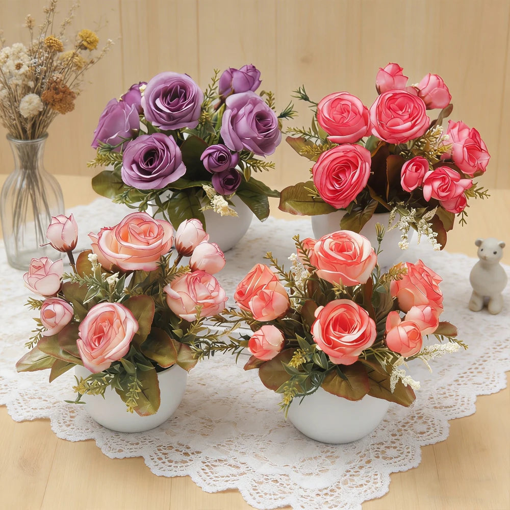 Artificial Silk Rose Bonsai Pot | Autumn Flower Vase Home Decor Artificial Flower Decor Babs