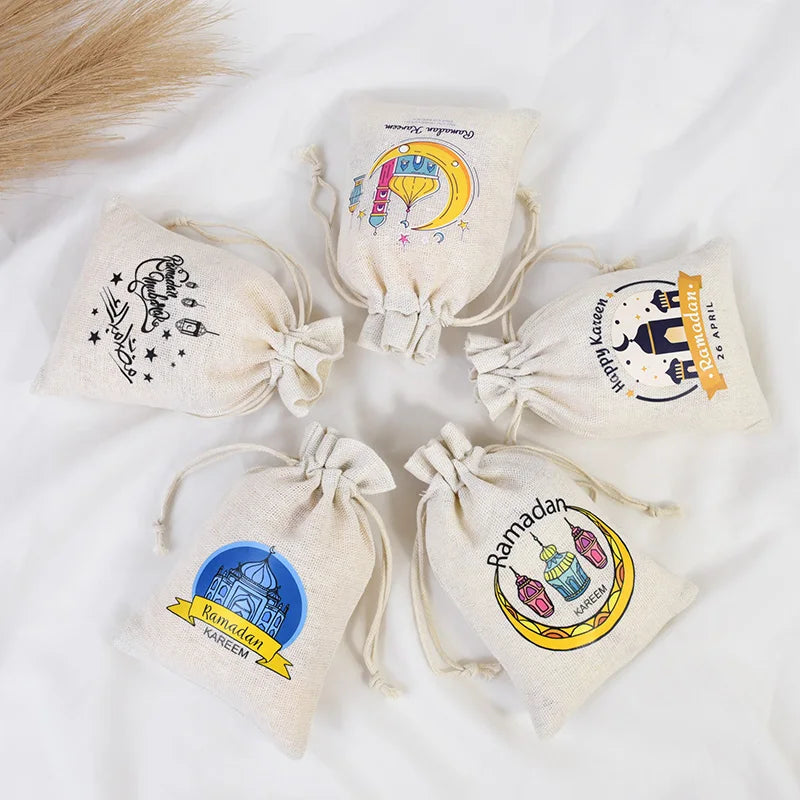 10Pcs Ramadan Linen Drawstring Gift Bags – Eid Mubarak Party Holiday Gift Bags Babs