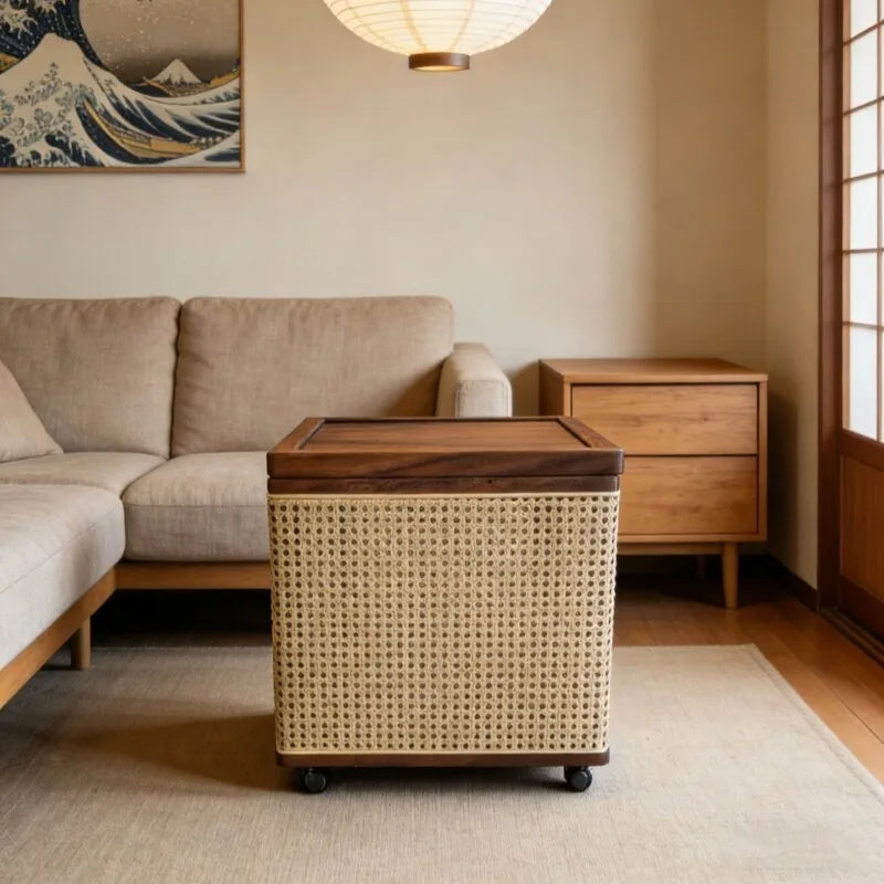 Modern Rattan Side Table – Walnut Wood, 40x40x43.5cm Rattan Side Table Babs