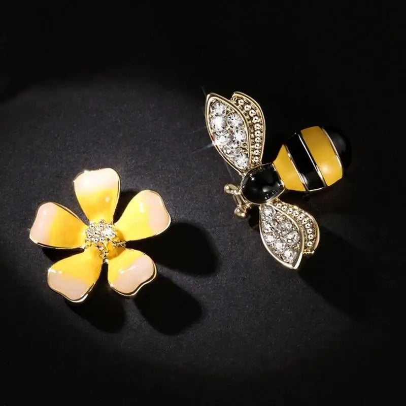 Flower & Bee Asymmetric Zircon Stud Earrings | Fashion Jewelry Zircon Stud Earrings Babs