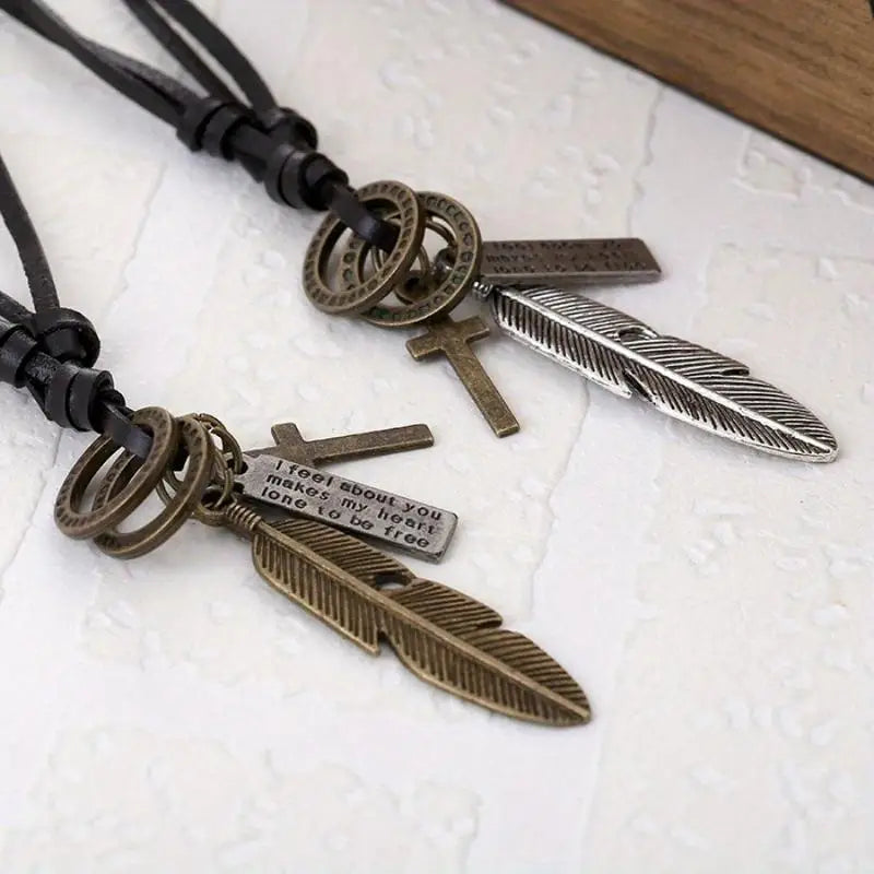 Feather Cowhide Necklace – Men's Long Collarbone Chain Leather Chain Necklace Babs