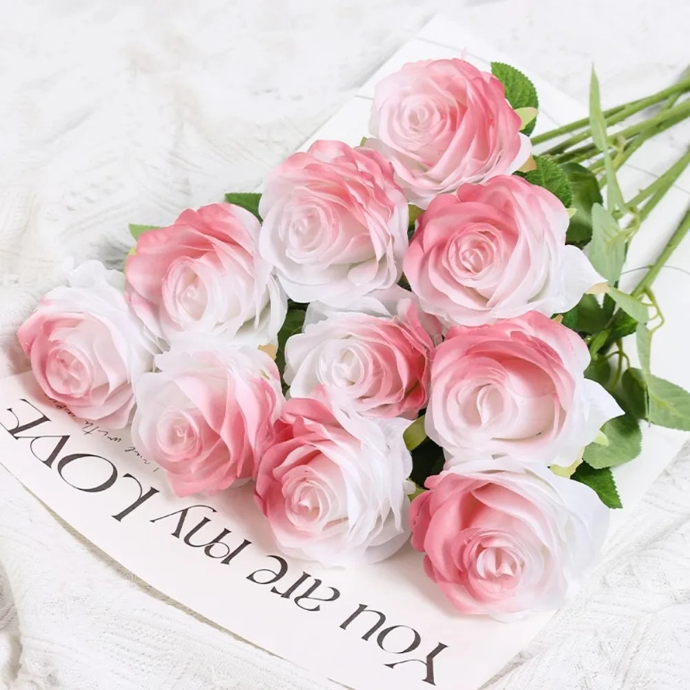 Tulip Rose Artificial Silk Flower Bouquet – 3/5 Pcs Home & Wedding Artificial Flower Bouquet Babs White Pink 3Pcs