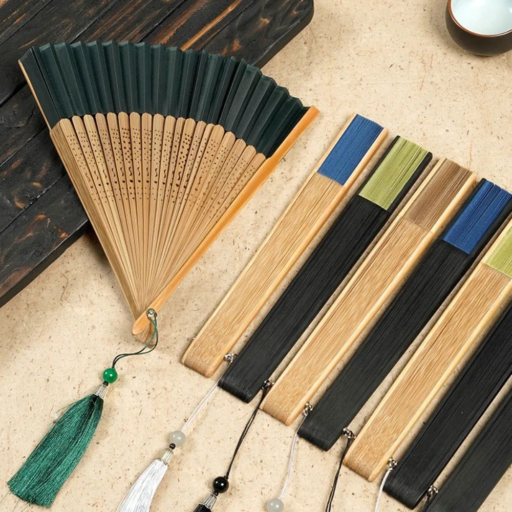 Bamboo Folding Fan | Carved Handle, Batik Cloth & Tassel Gift Decorative Folding Fan Babs