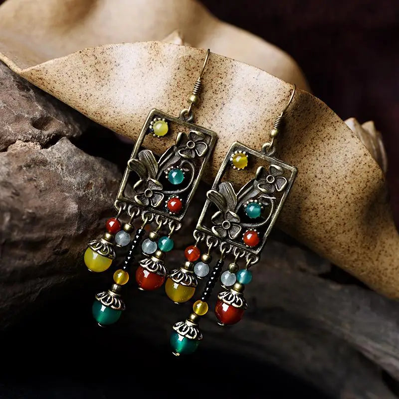 Retro Agate Stone & Copper Flower Long Drop Earrings Drop Earrings Babs