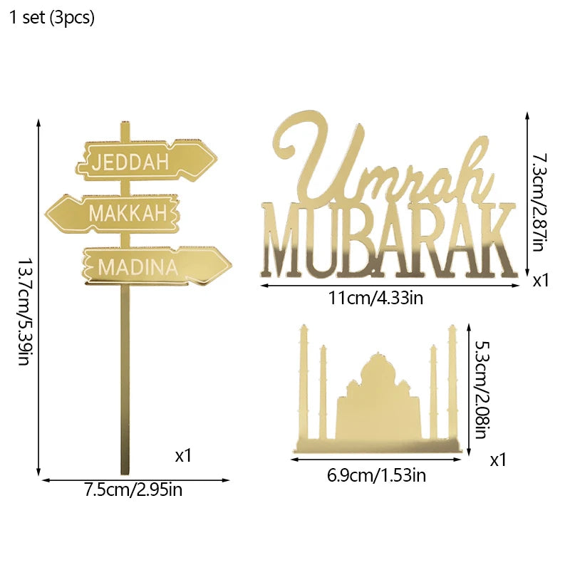 3pcs Umrah Mubarak Gold Acrylic Cake Toppers | Eid Ramadan Cake Toppers Babs 1set