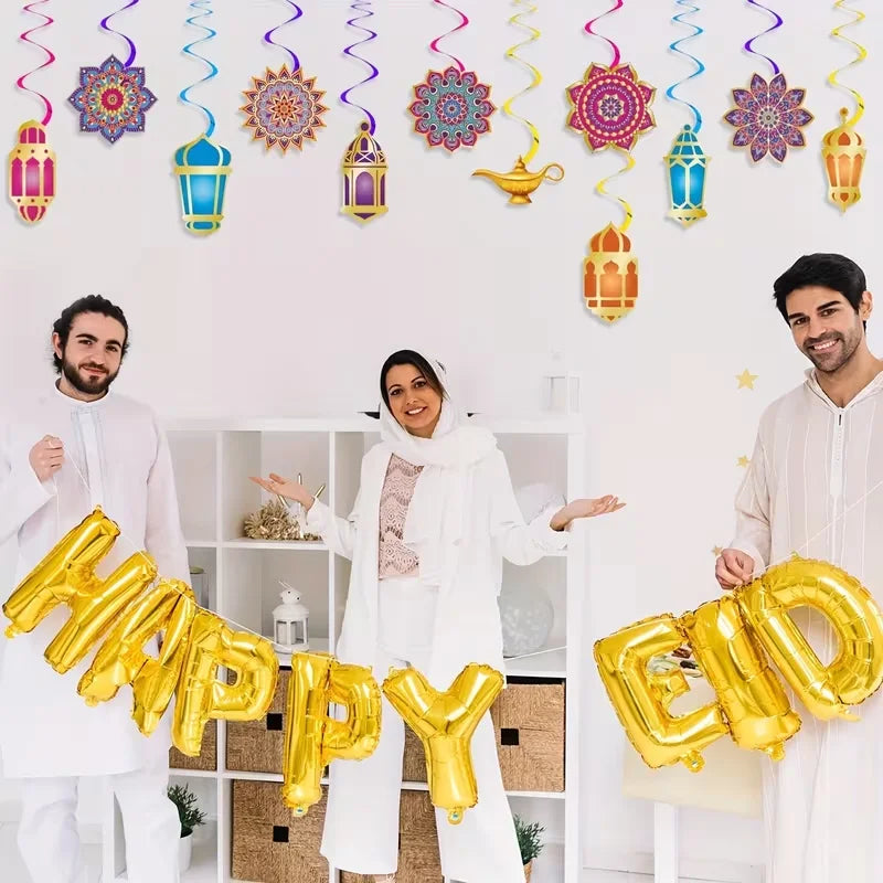 12pcs Eid Mubarak Hanging Swirls Ramadan Paper Garland Decoration Party Hanging Decoration Babs