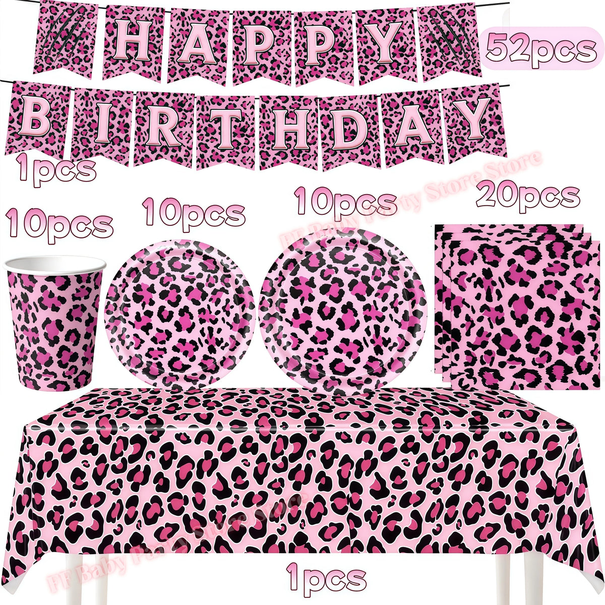 Leopard Print Birthday Party Supplies – Plates, Cups & Decor Party Decoration Set Babs 52pcs others