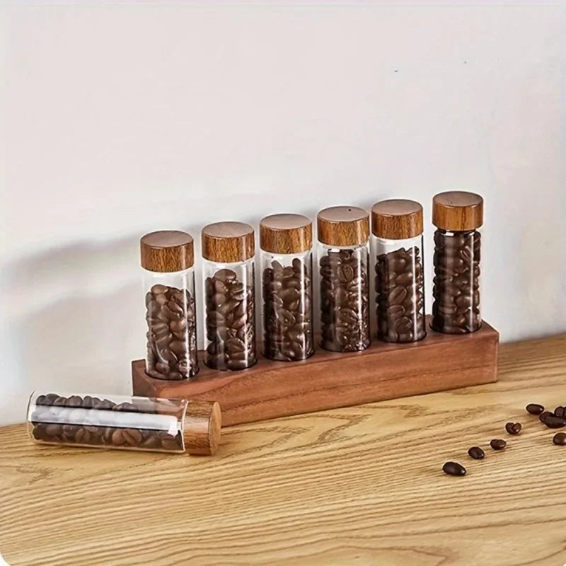 Coffee Bean Test Tube Display Rack – Walnut Wood & Glass Stand Coffee Bean Display Rack Babs