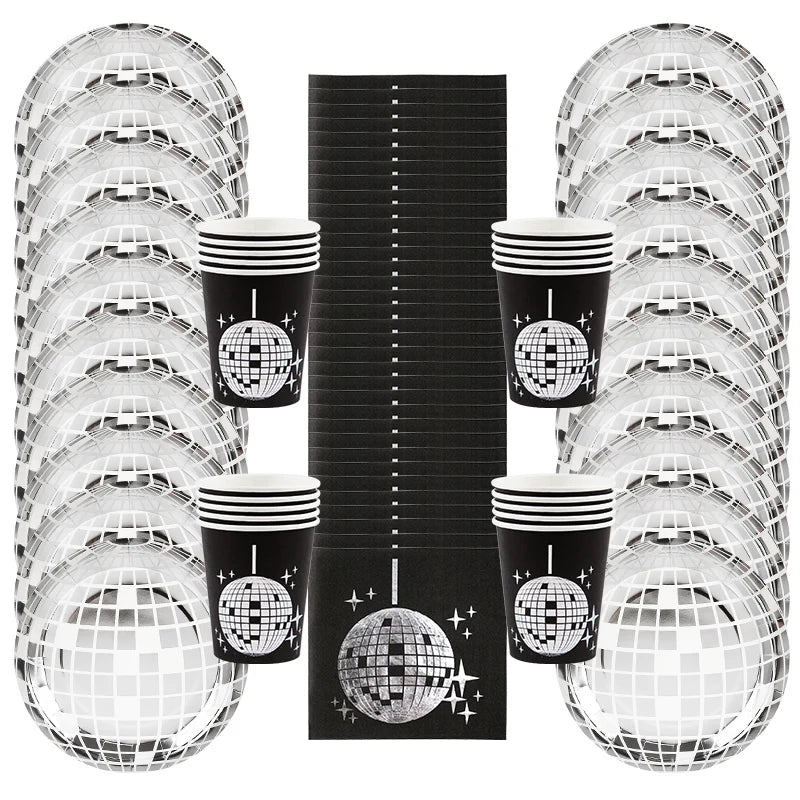 Disco Party Disposable Tableware Set – Silver Ball Plates & Cups Disposable Party Tableware Babs