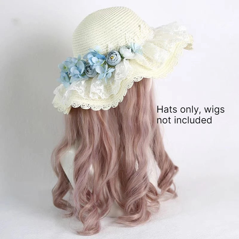 Lolita Straw Sun Hat Lace Ruffle Hydrangea Floral Beach Visor Straw Sun Hat Babs blue