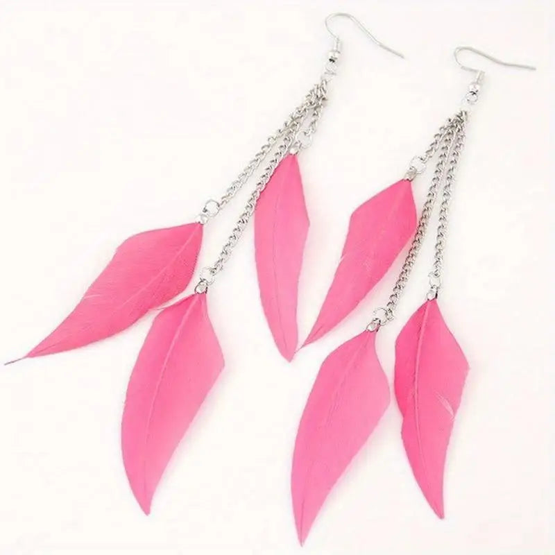 Silver Feather Drop Earrings for Women – Boho Long Dangle Drop Earrings Babs pink