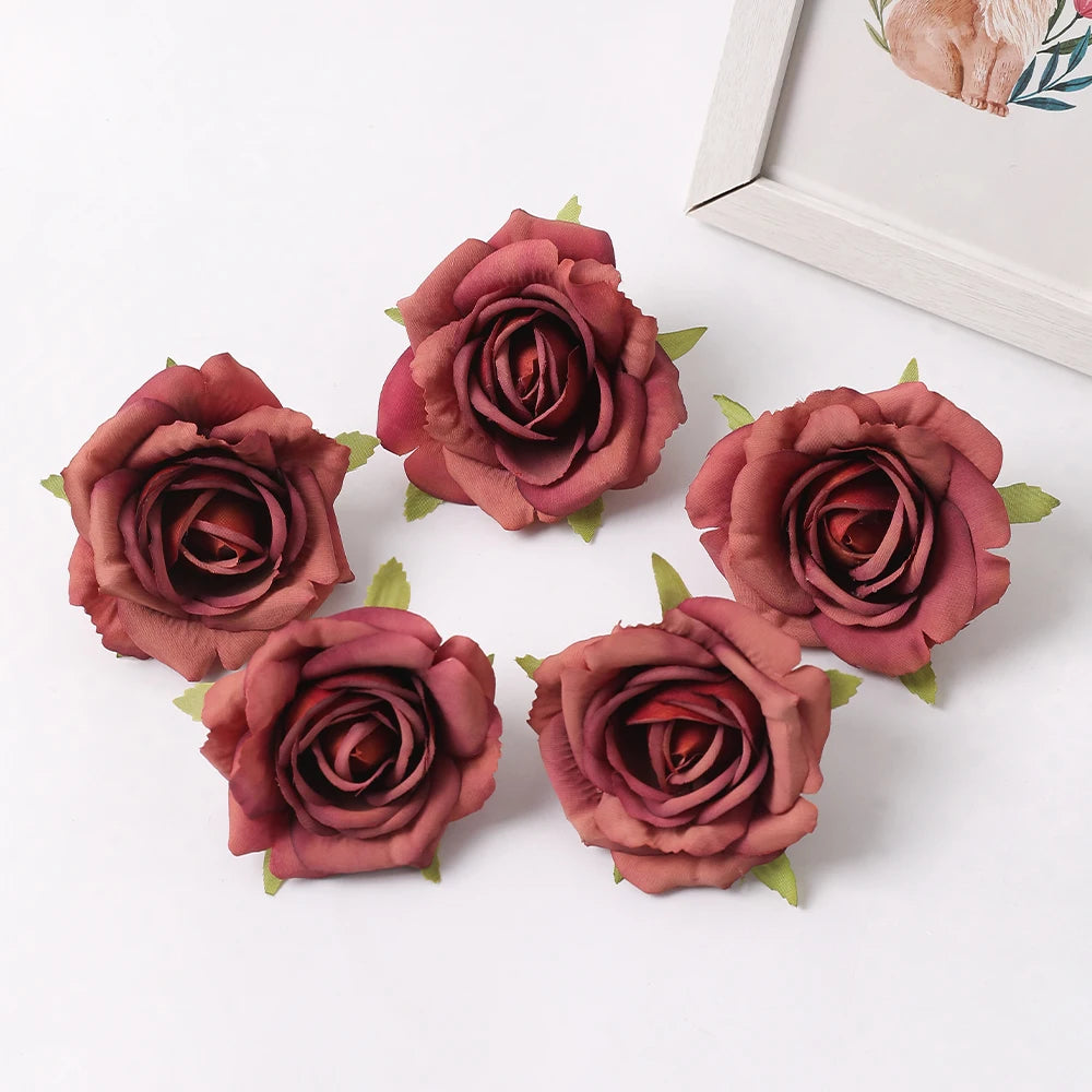 Silk Rose Artificial Flower Heads 7cm – Wedding & Home Décor Artificial Silk Flowers Babs Dark Red 5Pcs