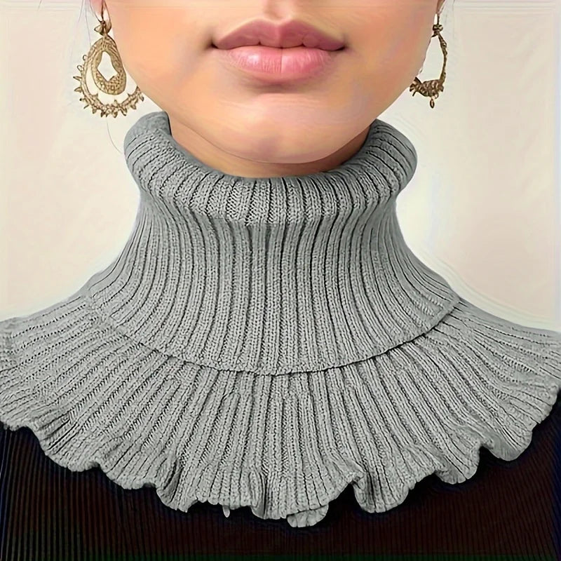 Black & White Knitted Faux Neck Scarf – Ruffle Edge Women Faux Neck Scarf Babs