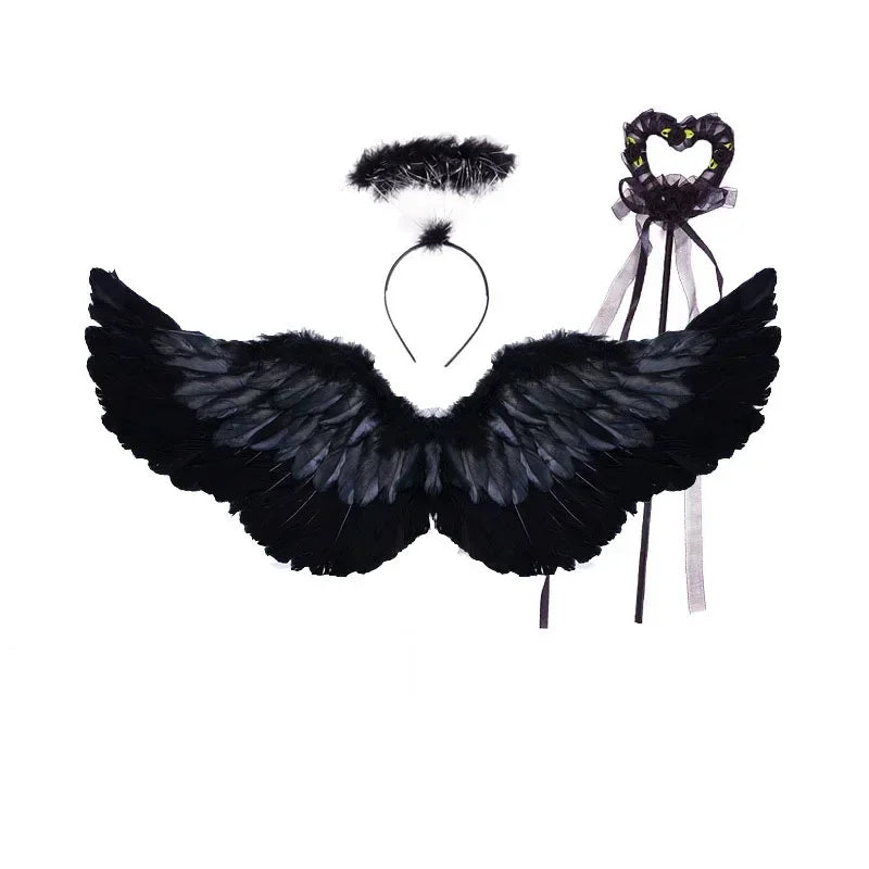 Girls Fairy Costume Set – Feather Wings, Tutu Skirt, Halo & Wand Girls Fairy Costume Babs black set