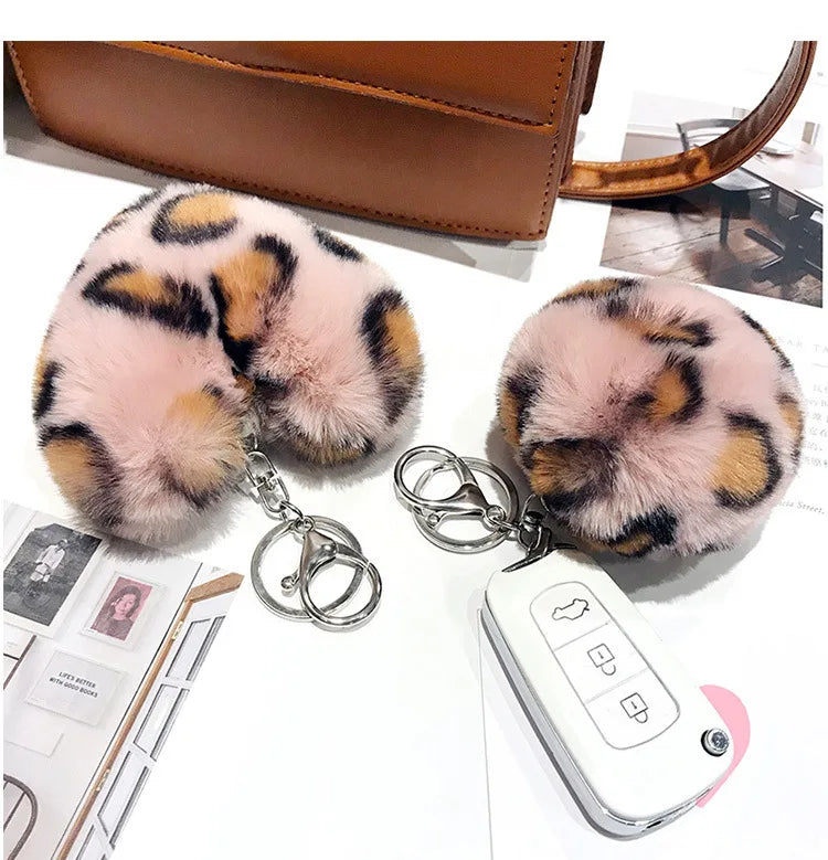 Leopard Fur Ball Keychain Heart Key Ring Bag Pendant Fur Ball Keychain Babs