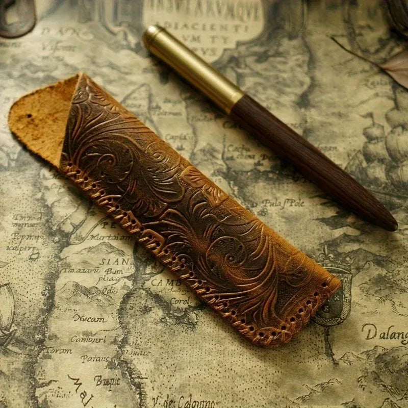 Genuine Leather Pen Pouch – Embossed Floral Cowhide Case Leather Pen Pouch Babs
