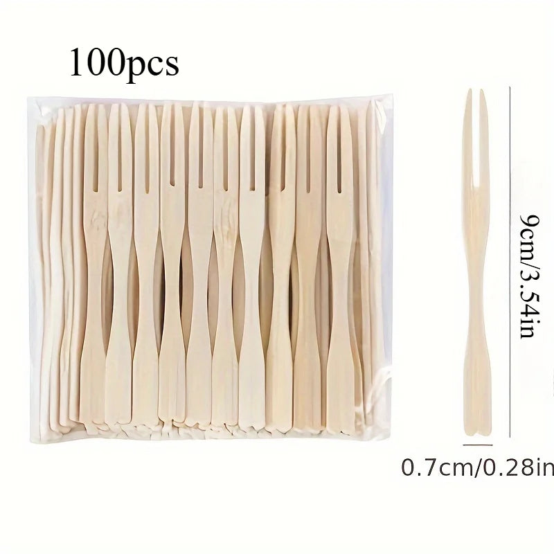 100 Pcs Bamboo Disposable Mini Dessert & Fruit Forks Disposable Bamboo Forks Babs 100pcs