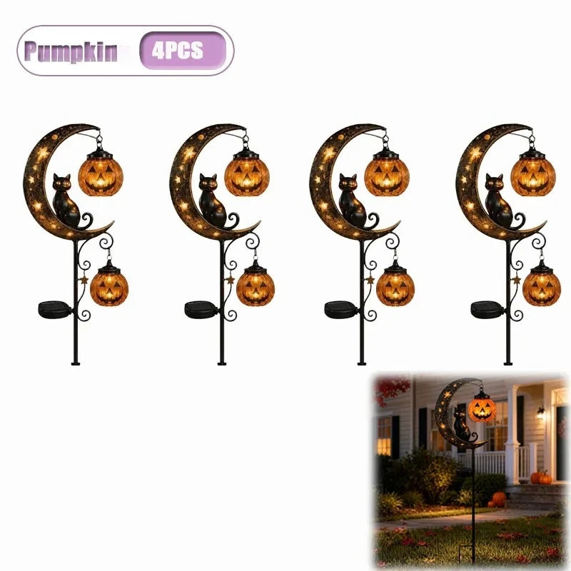 Solar Halloween Stake Lights – Black Cat & Pumpkin Moon Garden Solar Garden Stake Light Babs Pumpkin-4PCS