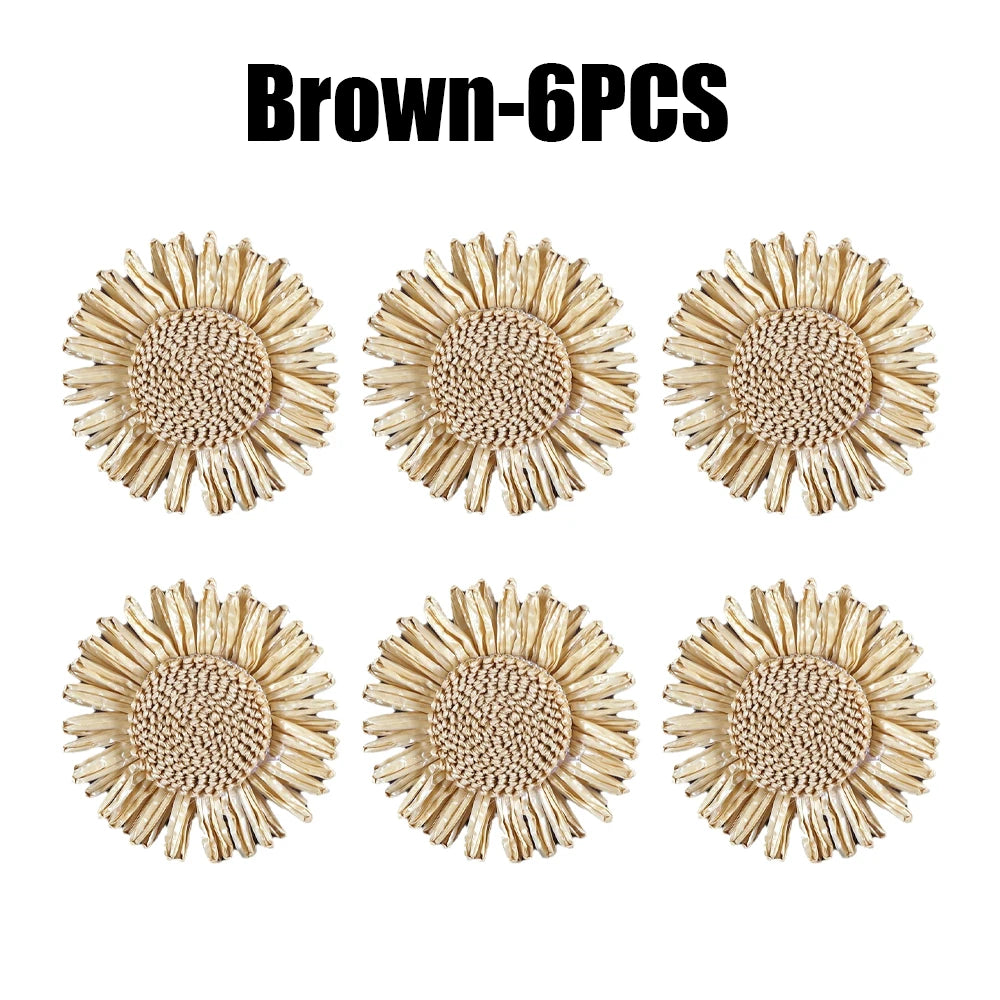 Natural Raffia Sunflower Napkin Ring Set | Rustic Woven Holders Napkin Ring Set Babs Brown 6PCS