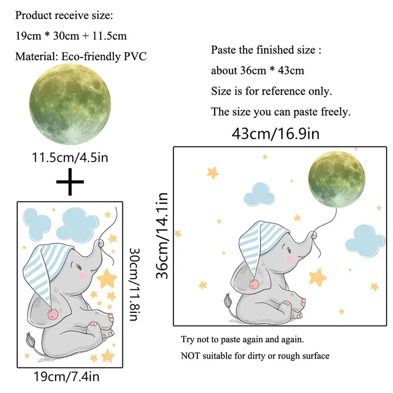 Baby Elephant Moon Glow in the Dark Wall Stickers for Kids Room Glow Wall Stickers Babs
