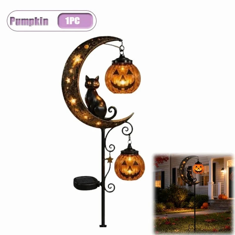 Solar Halloween Stake Lights – Black Cat & Pumpkin Moon Garden Solar Garden Stake Light Babs Pumpkin-1PC