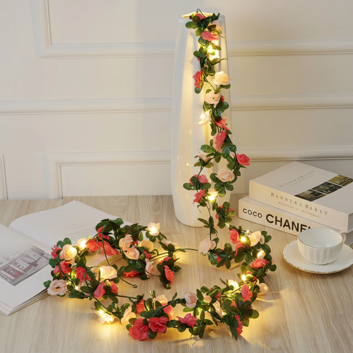 Artificial Rose Vine LED String Lights Hanging Garland Decor Floral LED Garland Babs Spring Pink Two AA Batteries
