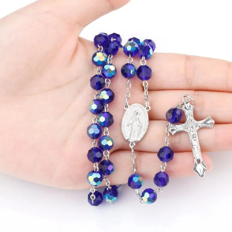 Dark Blue Glass Crystal Catholic Rosary Necklace | 70cm Rosary Necklace Babs