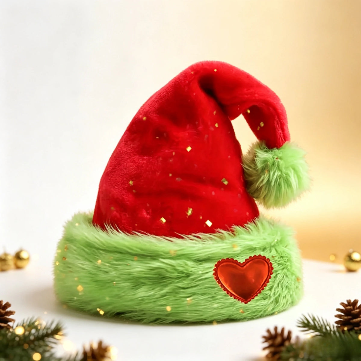Christmas Santa Hat Gold Glitter Velvet Green Faux Fur Pom Pom Holiday Hat Babs 32x45cm Red