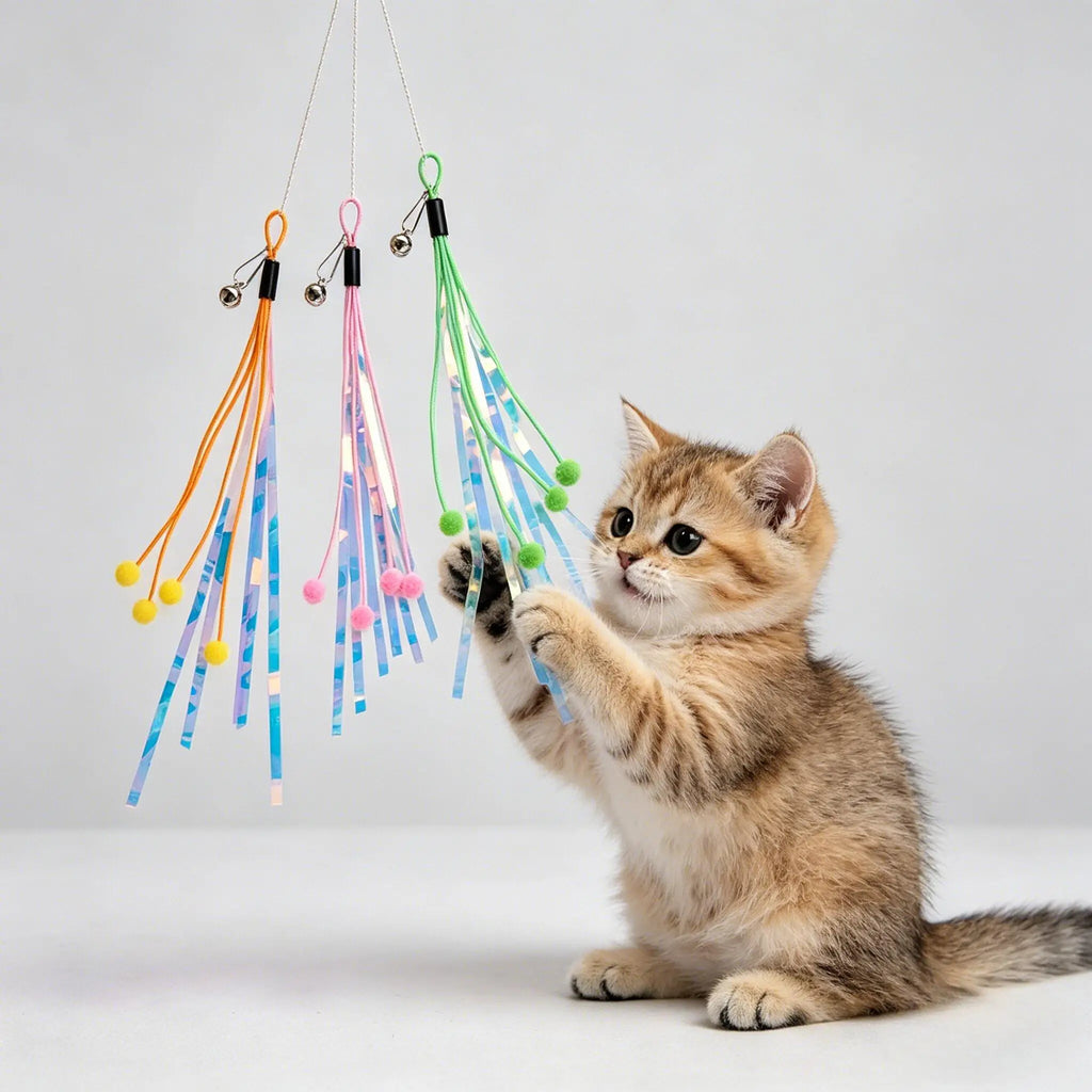 Cat Wand Teaser Toy with Bell, Metallic Foil Tassel & Ribbon Cat Teaser Toy Babs