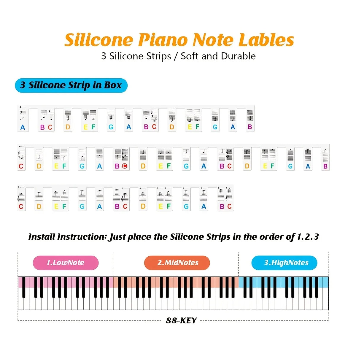 88-Key Silicone Piano Note Label Stickers – Removable & Reusable Piano Key Stickers Babs