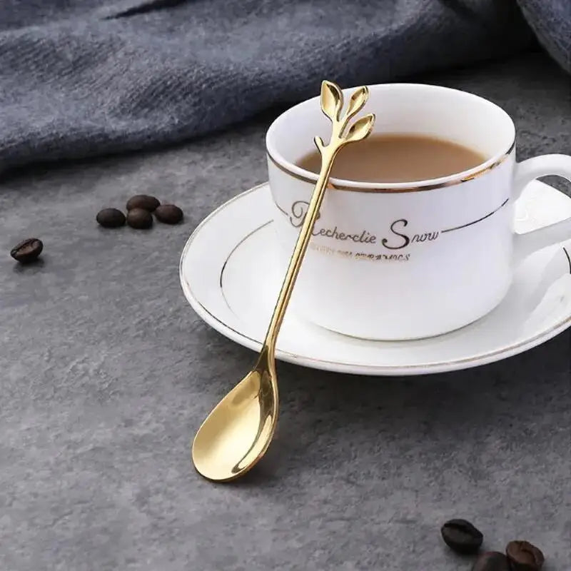 6-Piece Gold Leaf Stainless Steel Coffee & Tea Spoon Set Decorative Spoon Set Babs