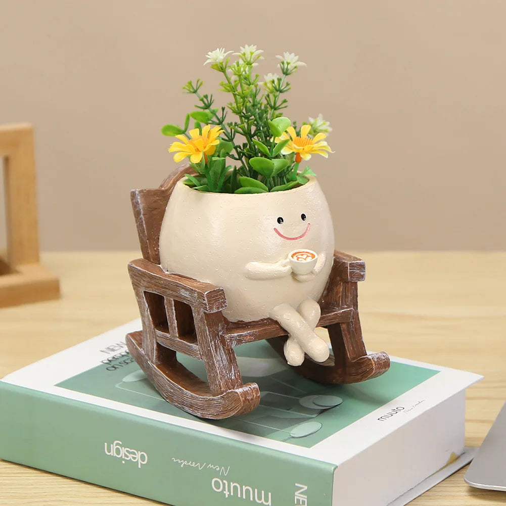 Cute Resin Face Succulent Planter – Rocking Chair Figurine Pot Decorative Succulent Planter Babs B