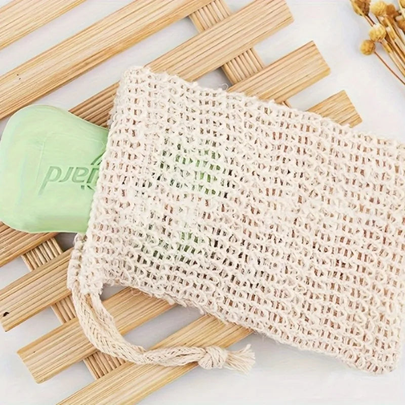 10-Pack Sisal Soap Saver Pouches with Drawstring & Wooden Bead Soap Saver Pouch Babs