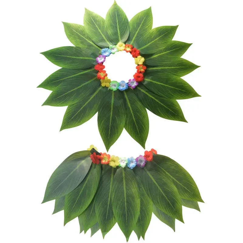 Hawaiian Hula Leaf Skirt with Flower Leis – Luau Costume Costume Skirt Babs