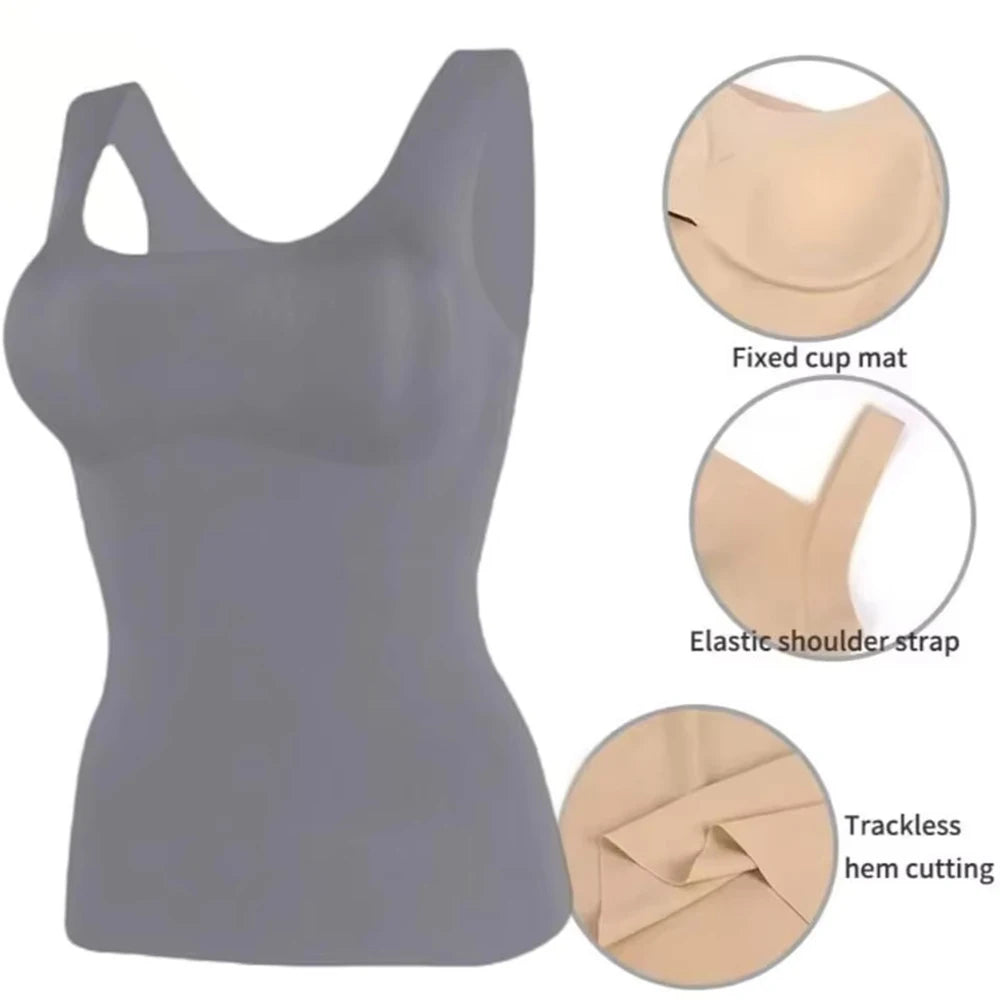 Ice Silk Padded Tank Top – Built-In Bra, Seamless, Wide Strap Padded Camisole Top Babs