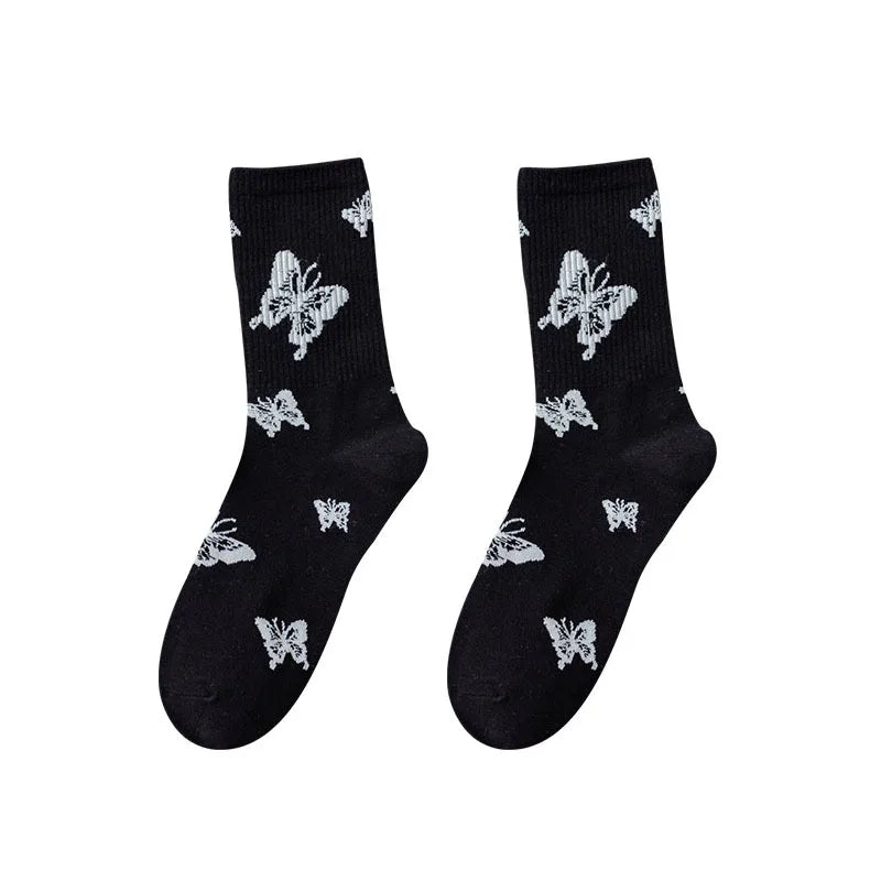 Butterfly Print Mid-Calf Crew Socks Women – Cotton Blend Women's Crew Socks Babs Black-Full-1Pair One Size