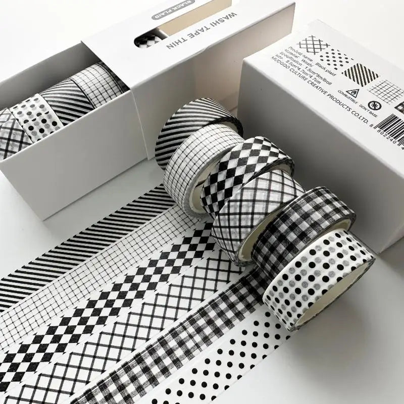 6-Roll Plaid Washi Tape Set – Grid & Polka Dot Journal Tape Decorative Washi Tape Babs Black