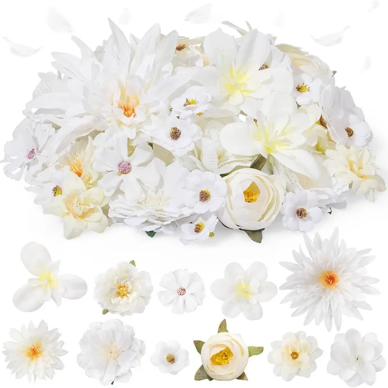 20Pcs Silk Artificial Flower Heads – Peony Daisy Rose Decor Artificial Flower Heads Babs Milk White 20Pcs