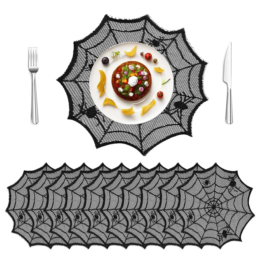 4pcs Halloween Spider Web Black Lace Placemats | Table Decor Halloween Placemats Babs