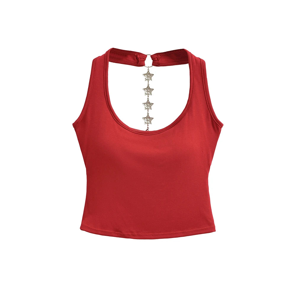 Women's Strapless Backless Star Chain Cutout Cami Top Y2K Cami Tank Top Babs Red One Size
