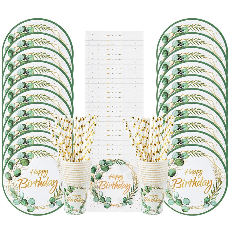 Eucalyptus Disposable Tableware Set – Paper Plates, Cups & Napkins Disposable Tableware Set Babs