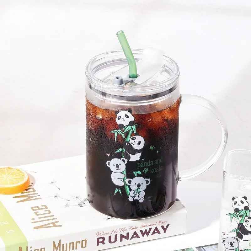 Square Glass Water Cup Cartoon Panda Straw Lid Large Capacity Glass Drinkware Cup Babs